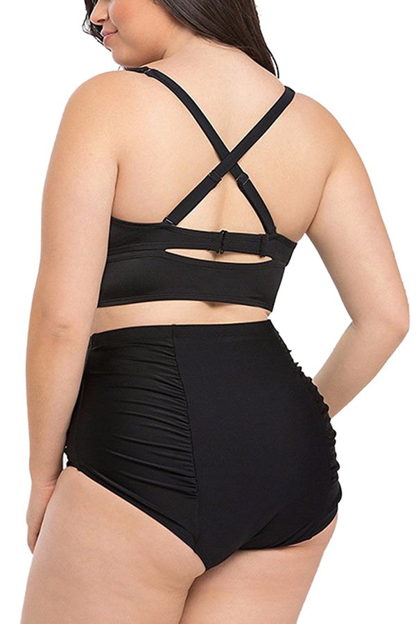 Plus Size Women's Plain Ruched High Waisted Bikini Set Black