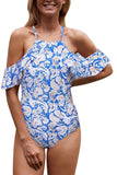 Women's Cold Shoulder Ruffle Floral One Piece Monokini Swimsuit