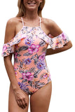 Cold Shoulder Ruffle Sleeve Floral One Piece Monokini Pink