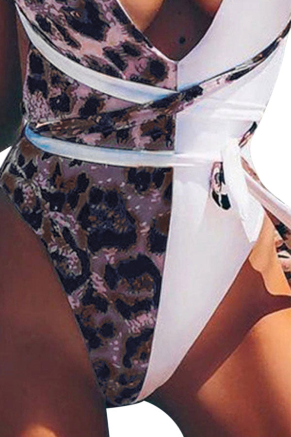 Women's Plunging Neck Leopard Print High Cut One Piece Swimsuit
