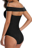 Women's Off Shoulder Plain Ruched One Piece Swimwear Black
