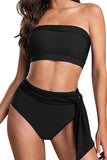 Women's Solid Bandeau Top High Waisted Two Piece Swimsuit Black