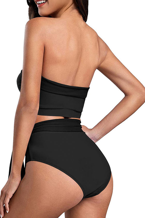 Women's Solid Bandeau Top High Waisted Two Piece Swimsuit Black