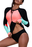 Women's Color Block Zip Front Long Sleeve Rashguard Swimsuit Shirt