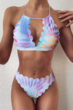 Women's High Neck Halter Scalloped Tie Dye High Cut Bikini Set