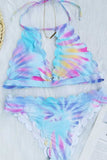 Women's High Neck Halter Scalloped Tie Dye High Cut Bikini Set