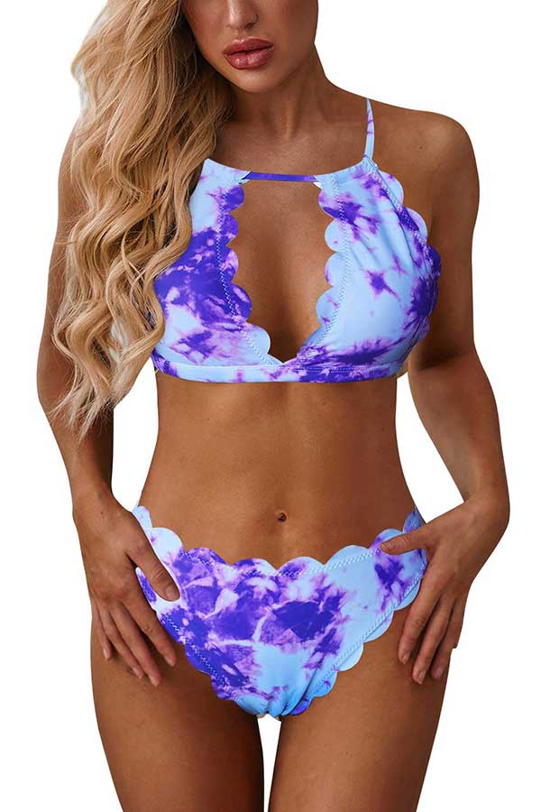 Women's High Neck Halter Scalloped Tie Dye High Cut Bikini Set Purple
