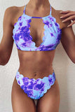 Women's High Neck Halter Scalloped Tie Dye High Cut Bikini Set Purple