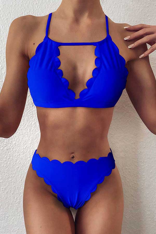 Solid High Neck Cut Out Halter Backless Triangle Top Bikini Set