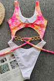 Women's Color Block Cut Out Lace Up Tie Dye One Piece Swimsuit