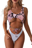 Women's Sexy Snakeskin Print Cut Out High Cut One Piece Swimsuit Pink