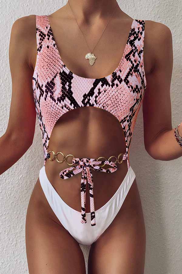 Women's Sexy Snakeskin Print Cut Out High Cut One Piece Swimsuit Pink