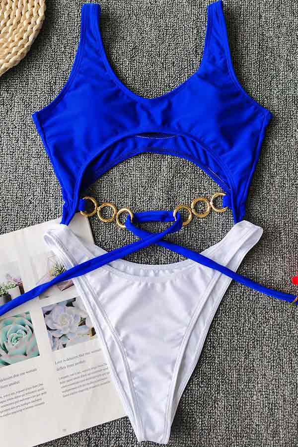 Solid Metal Ring Cut Out One Piece Monokini Swimsuit For Women