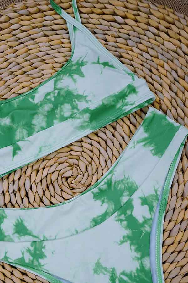 Spaghetti Straps Tie Dye High Cut Bikini Set Green