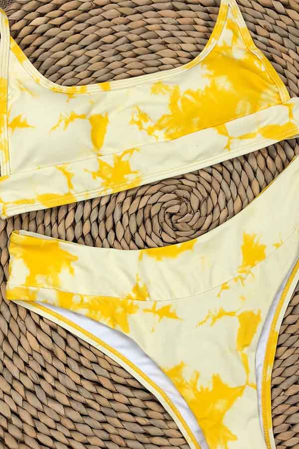 Scoop Neck Tie Dye High Cut Bikini Set Yellow