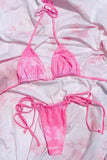 Women's Sexy Halter Triangle Top Tie Dye String Bikini Set Pink
