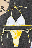 Women's Tie Dye Backless Lace Up Triangle Bikini Set Yellow