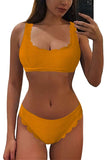 Scoop Neck Solid Scalloped Ribbed Bikini Set For Women
