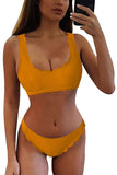 Scoop Neck Solid Scalloped Ribbed Bikini Set For Women