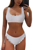 Women's Ribbed Plain Scalloped Hem Two Piece Swimsuit White