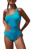 Women's One Shoulder Hollow Out Plain One Piece Swimsuit Blue
