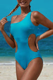 Women's One Shoulder Hollow Out Plain One Piece Swimsuit Blue