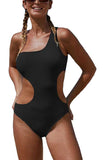 Women's Solid One Shoulder Cut Out One Piece Swimsuit Black