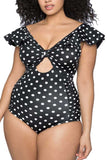 Plus Size Ruffle Shoulder Polka Dot Ruched One Piece Swimsuit For Women