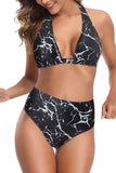 Women's Backless Triangle Halter High Waisted Bikini Set Black
