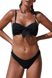 Ribbed Knot Front High Cut Bikini Set Black