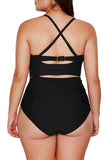 Plus Size Criss Cross Pleated High Waisted Bikini Set Black