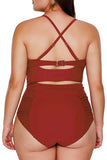 Plus Size Criss Cross Ruched High Waisted Bikini Set Red