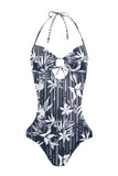 Lace Up Floral Print Halter Monokini Bathing Suit