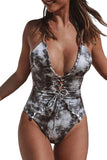 Plunging Neck Tie Dye Lace Up One Piece Swimsuit Black