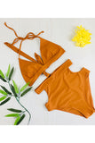 Open Back Halter Cut Out High Waisted Bikini Set Khaki