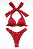 Solid Ruched Triangle Top High Cut Bikini Set Red