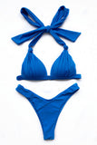 Triangle Top Pleated Plain High Cut Bikini Set Sapphire Blue