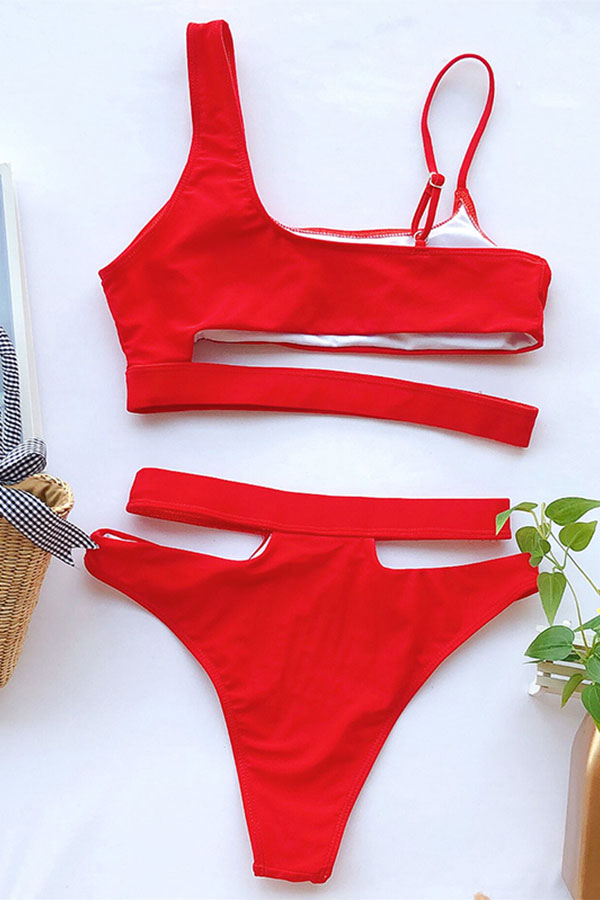 Square Neck Plain Cut Out High Waisted Two Piece Swimsuit Red