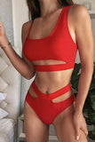Square Neck Plain Cut Out High Waisted Two Piece Swimsuit Red