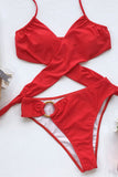 Sexy Halter Plain Wrap Neck Metal Ring Bikini Set Red