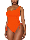 One Shoulder One Piece Swimsuits Ruched Drawstring Bathing Suits Swimwear