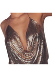 Womens Chain Plunging Neck Backless Sequined Crop Top Dark Purple
