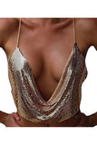 Womens Chain Halter Plunging Neck Backless Sequined Crop Top Gold
