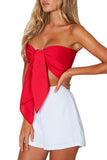 Sexy Strapless Tie Front Plain Bandeau Crop Top Red