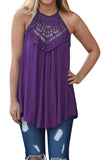 Halter Sleeveless Lace Patchwork Cut Out Loose Tank Top Purple