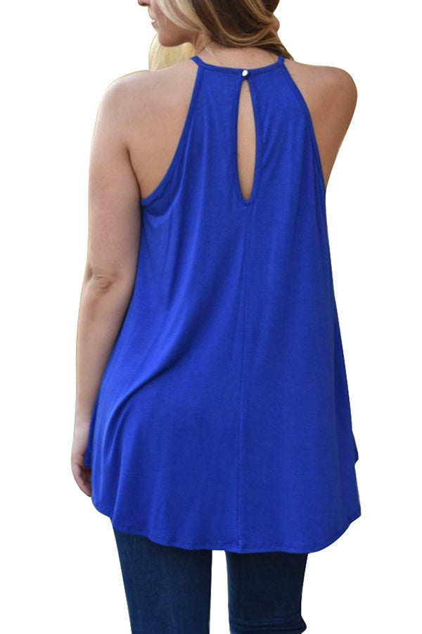 Halter Sleeveless Lace Patchwork Cut Out Loose Tank Top Sapphire Blue
