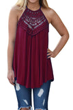 Halter Sleeveless Lace Patchwork Cut Out Loose Tank Top Ruby
