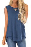 Crew Neck Leopard Panel Tank Top With Pocket Blue