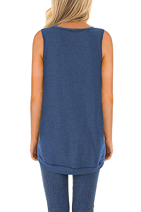 Crew Neck Leopard Panel Tank Top With Pocket Blue