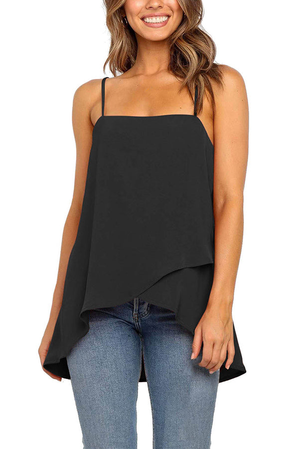 Square Neck Solid High Low Cami Top Black